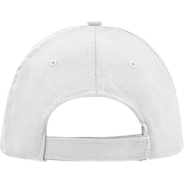 A white 5 Panel Promo Sandwich Cap featuring a rear adjustable strap and ventilation holes. It has a logo on the side.