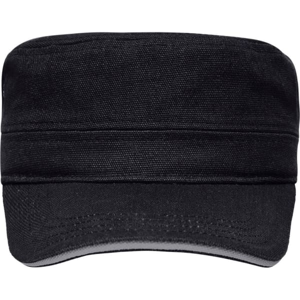 A black Military Sandwich Cap with a structured design, featuring a logo on the front.