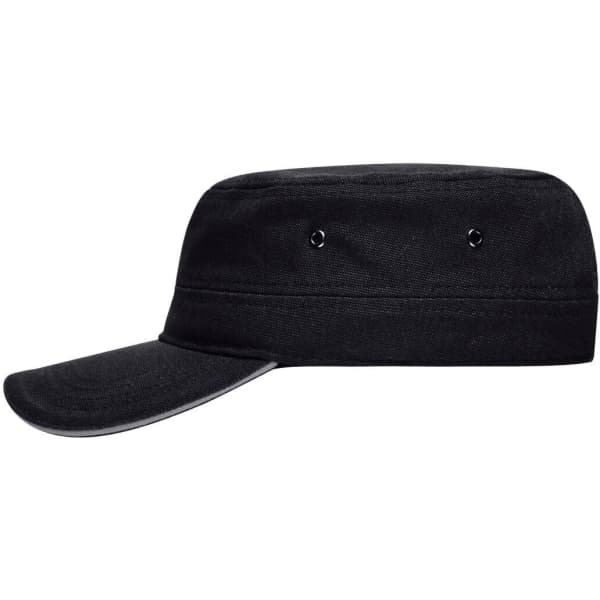 A black military-style sandwich cap with a flat brim and ventilation holes. It features a logo.