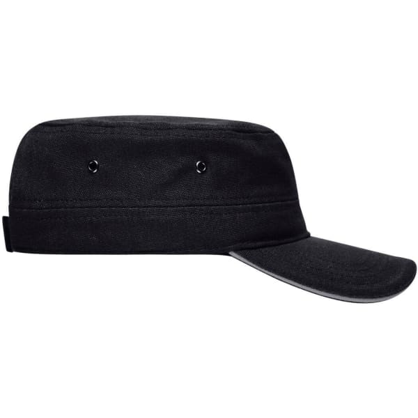 A black military-style cap featuring a flat top and a curved visor, with ventilation holes and a logo.