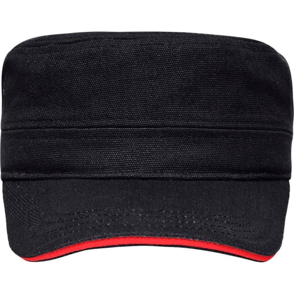 A military-style cap in black with a red accent along the brim, featuring a logo.