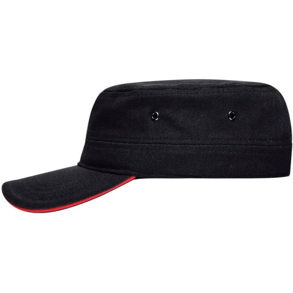 A black military-style cap with a flat brim and red detailing, featuring ventilation eyelets and a logo.