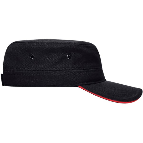 A black Military Sandwich Cap with a red underset brim and side vents, featuring logo branding.
