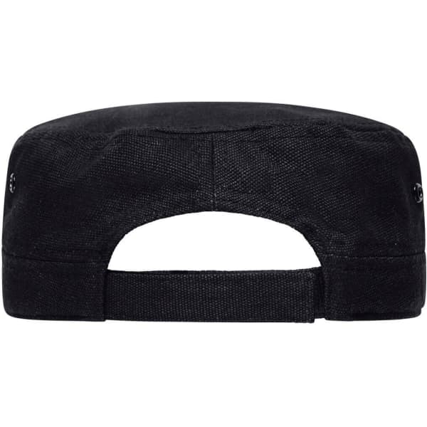 A black Military Sandwich Cap with a flat brim and an open back, featuring eyelets for ventilation.