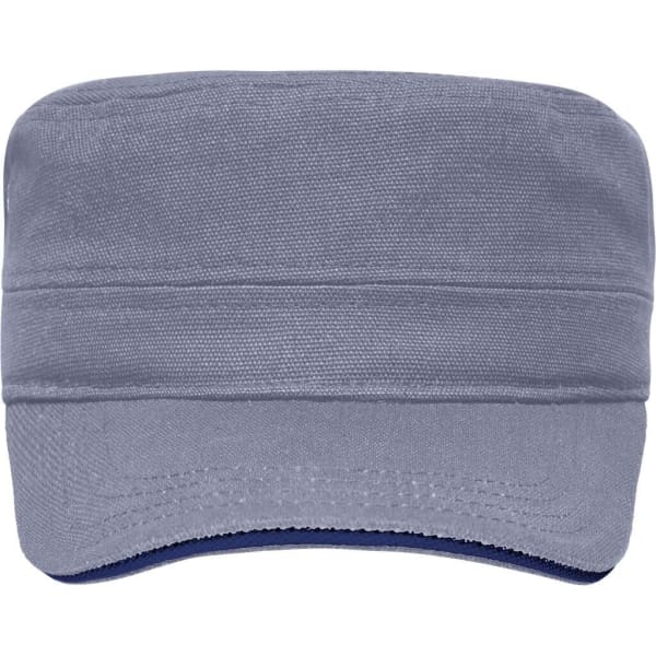 A military-style cap in grey with a structured flat top and a dark underside. Includes a logo on the front.