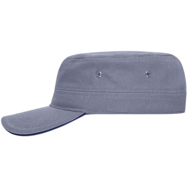 A grey military-style sandwich cap with a flat brim and ventilation eyelets. It features a logo.