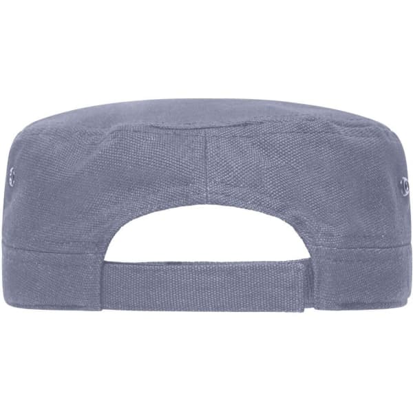 A grey military-style cap with a flat crown and adjustable strap at the back, featuring a logo.