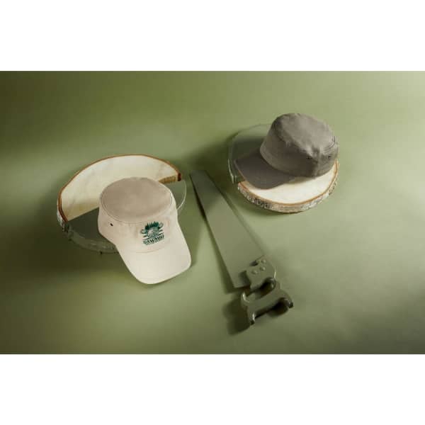 A military sandwich cap in beige with a logo, alongside a grey version, displayed on a neutral background.