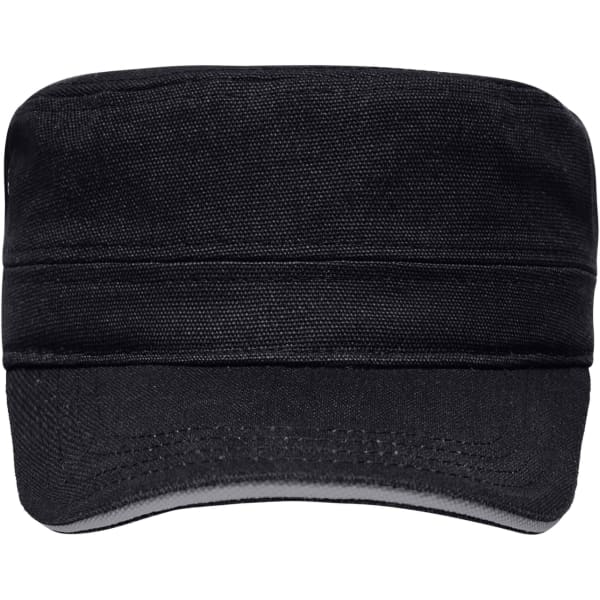 A black Military Sandwich Cap with a structured design and a logo on the front.
