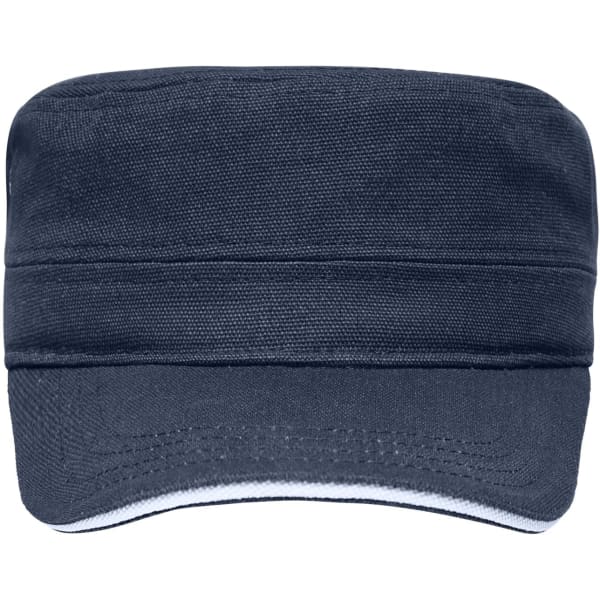 A military-style sandwich cap in navy blue with a solid structure and a contrasting white trim.