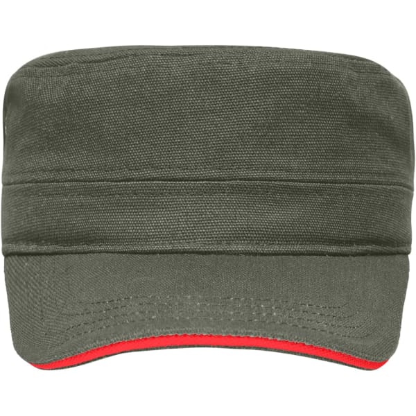 A military-style cap in olive green with a red underside, featuring a logo on the front.