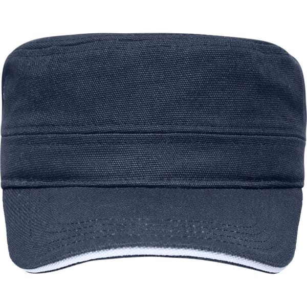 A blue military-style cap with a flat top and a contrasting trim. It features a logo on the front.
