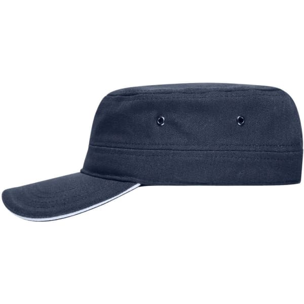 A military-style cap in navy blue, featuring a flat top and a curved brim, with ventilation eyelets.