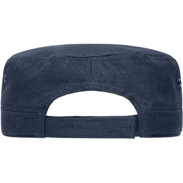A dark navy cap featuring a flat design and adjustable strap at the back, with a logo on the side.