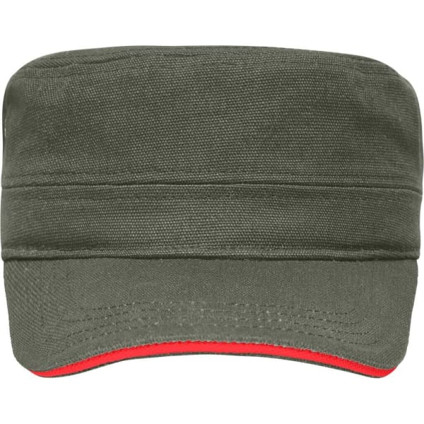 A military-style cap in olive green with a red underside. It features a logo on the front.