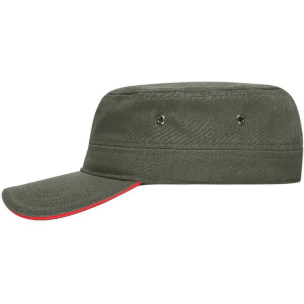 A military-style cap in olive green with a red trim and ventilation eyelets. It has a flat, wide brim.