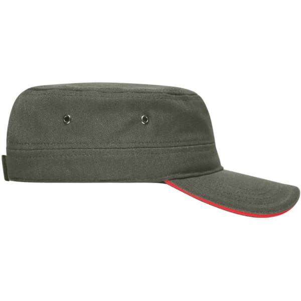 A military-style cap in green with a red underside on the brim, featuring ventilation holes and a branding logo.