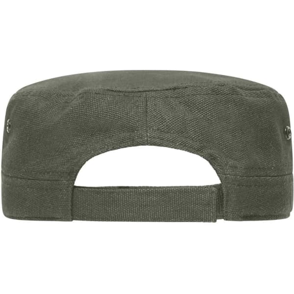 A military-style cap in olive green with a flat brim and an adjustable back strap. It features a logo.