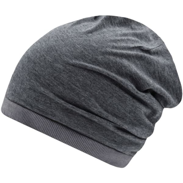 A grey slouchy beanie with a soft fabric and a ribbed band at the bottom. It features a logo.