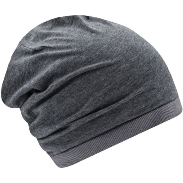 A grey beanie with a textured finish and a contrasting band at the bottom, featuring a logo.