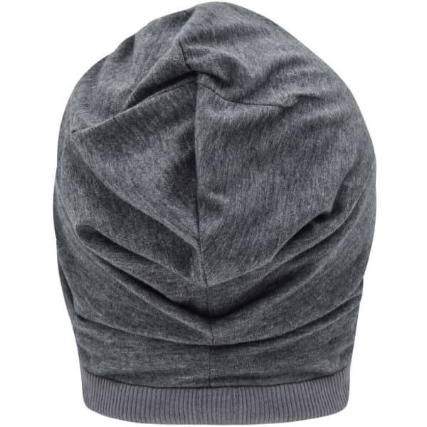 A Heather Summer Beanie in grey, featuring a soft, gathered design and a ribbed band at the bottom.