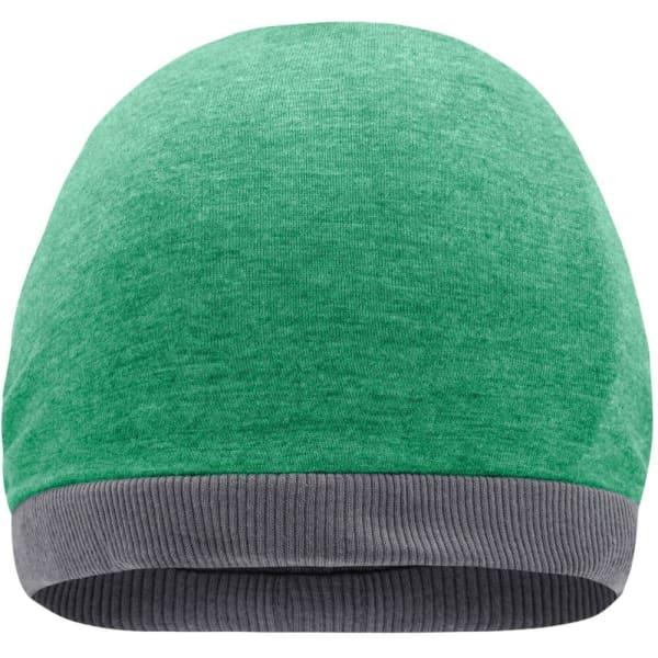 A green beanie with a grey ribbed brim, featuring a logo on the side.