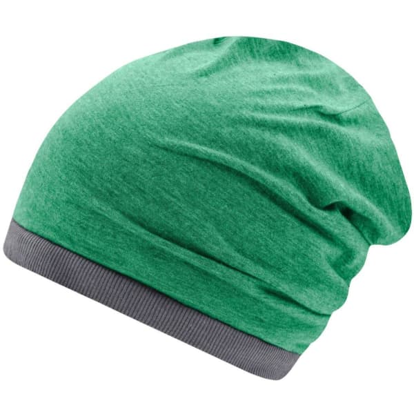 A green beanie with a grey cuff, featuring a soft, textured fabric and a relaxed fit.