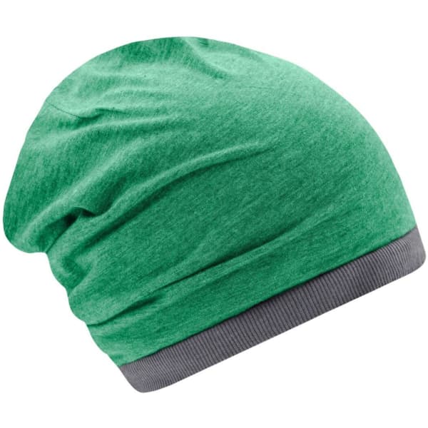 A green Heather Summer Beanie with a grey band at the base, featuring a soft, textured fabric.