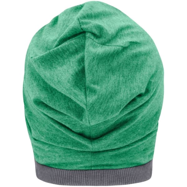 A green beanie with a textured design and a grey band at the bottom. It has a branding logo.