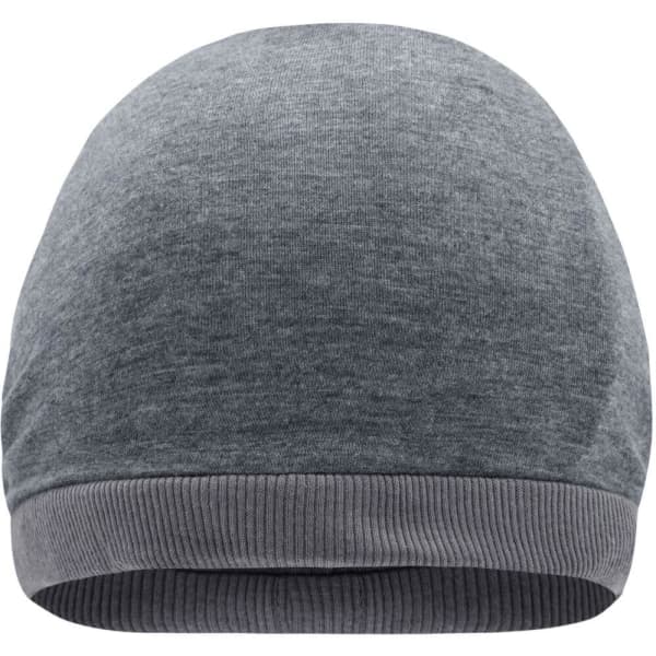 A grey beanie with a ribbed brim, featuring a soft, heathered texture and a branded logo.