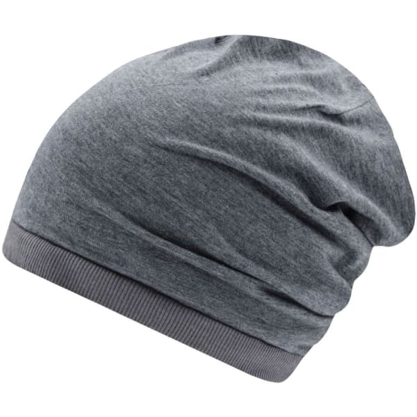 A grey beanie with a soft, slouchy design, featuring a ribbed band at the base and minimal creasing.