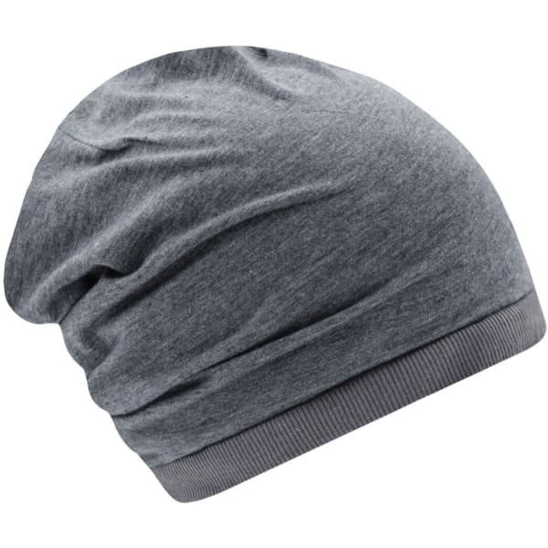 A grey slouch beanie featuring a soft material and a snug band at the base. It has a branding logo.