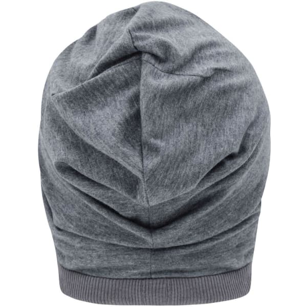 A grey beanie with a textured finish, featuring a rolled hem and gathered design at the top.