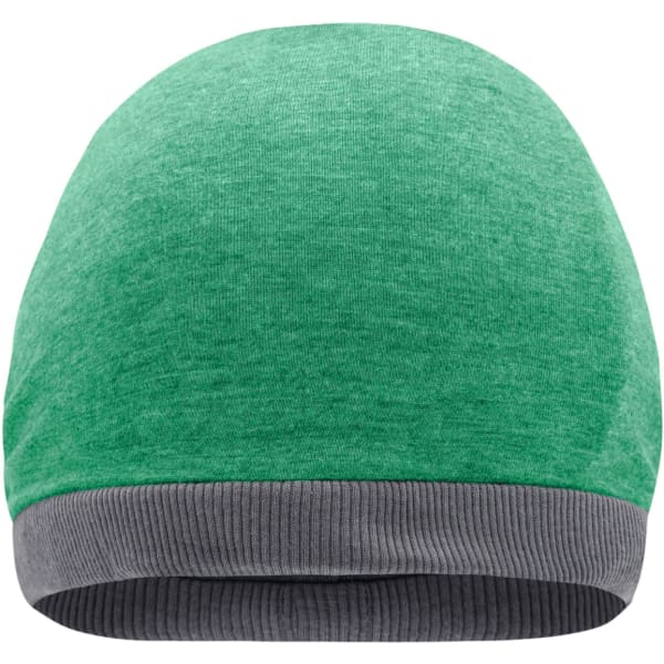 A green beanie with a grey ribbed cuff. The beanie is made of a soft, textured material and features a logo.