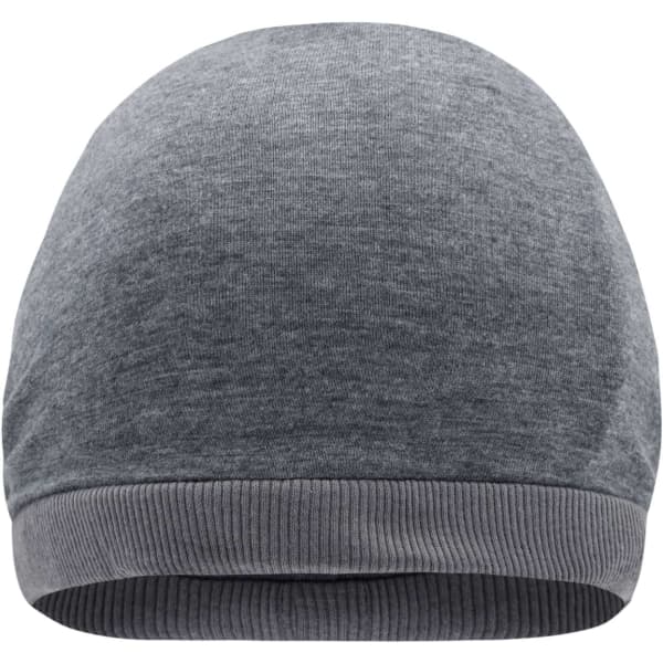 A grey beanie with a ribbed band at the bottom, featuring a simple design and soft texture.