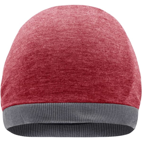 A Heather Summer Beanie in red with a grey ribbed band at the bottom and a logo on the side.