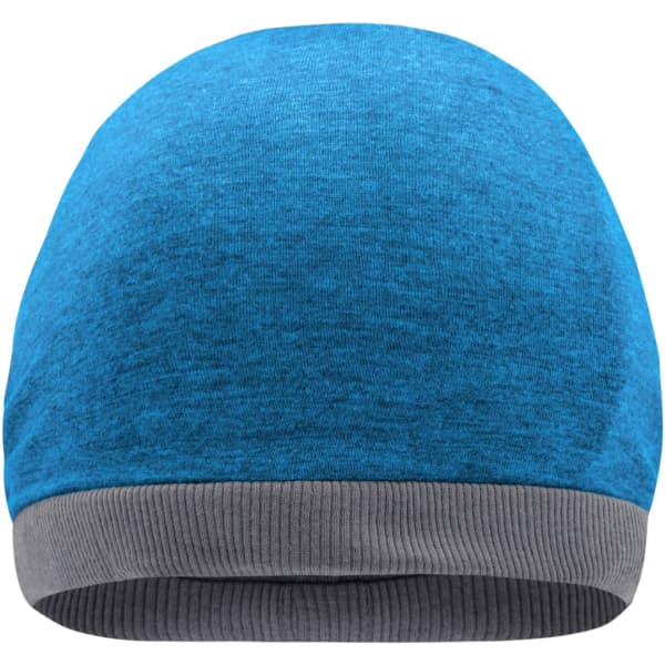 A beanie in blue with a grey ribbed band at the bottom. The fabric appears soft and textured.