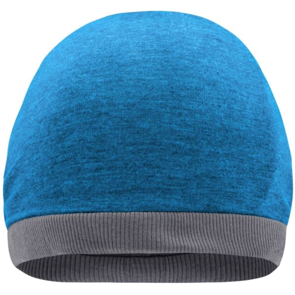 A blue beanie with a grey ribbed cuff, featuring a logo on the side.