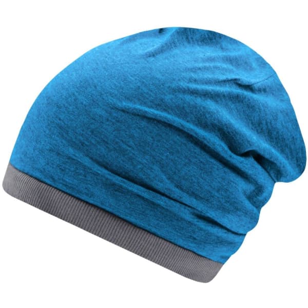 A blue beanie with a grey cuff, featuring a soft, textured fabric and a relaxed fit.