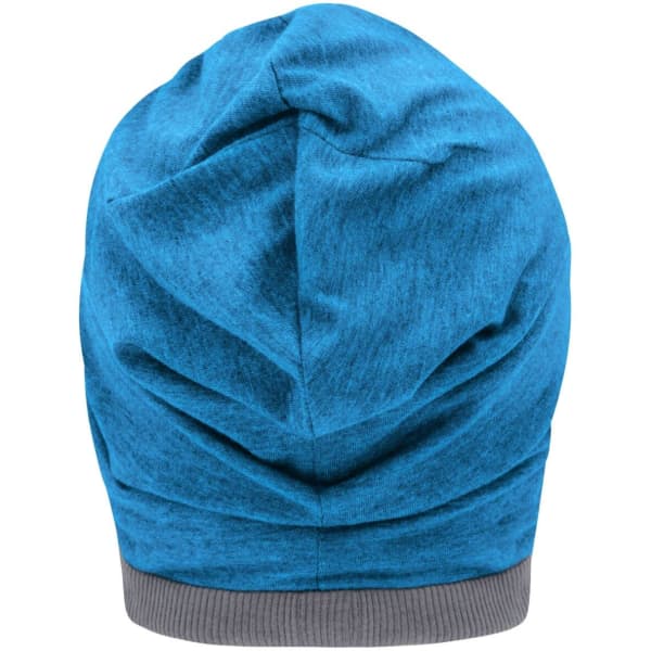 A blue Heather Summer Beanie featuring a textured fabric and a grey trim at the bottom.