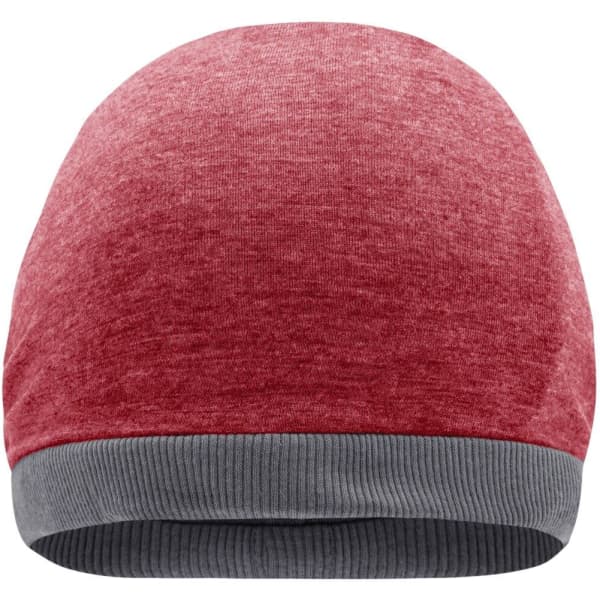 A red and grey beanie with a soft, textured finish and a ribbed cuff, featuring a logo.