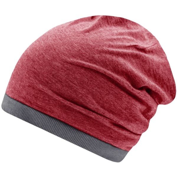 A heather red beanie with a grey band, featuring a soft, slouchy design and a logo on the side.