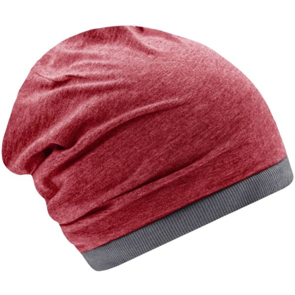 A heather red beanie with a grey ribbed band at the base, featuring a smooth texture and slouchy design.