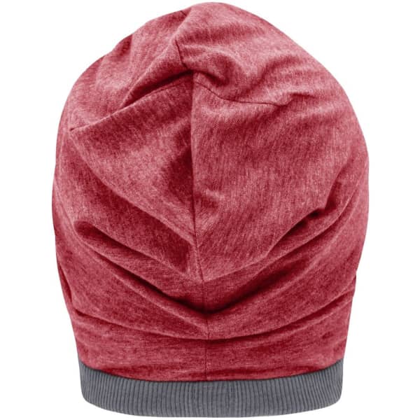 A heather red beanie with a grey band and a pleated design at the back, featuring a logo.