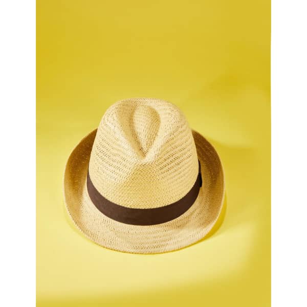 A straw hat in yellow with a brown band, positioned on a yellow background.