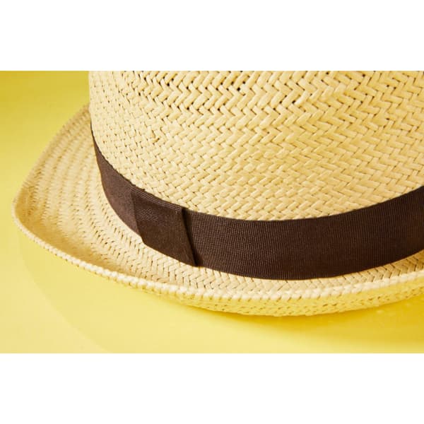 A straw hat in a natural beige colour with a dark brown band around the base.
