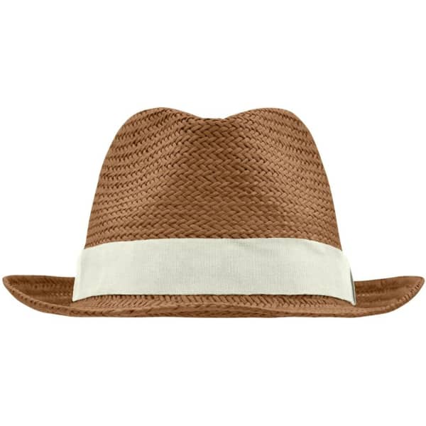 A straw hat in a warm brown colour with a light beige band around the base. It features a logo on the side.