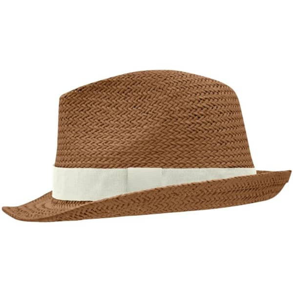 A brown straw hat with a wide brim and a white band around the base. It has a textured woven design and a logo.