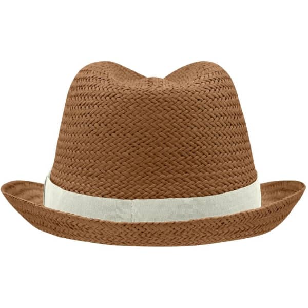 A brown straw hat featuring a light-coloured band and a wide brim, designed for urban style. It has a logo.