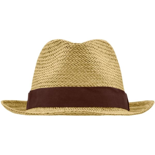 A straw hat with a wide brim and a brown band, featuring a logo on the side.
